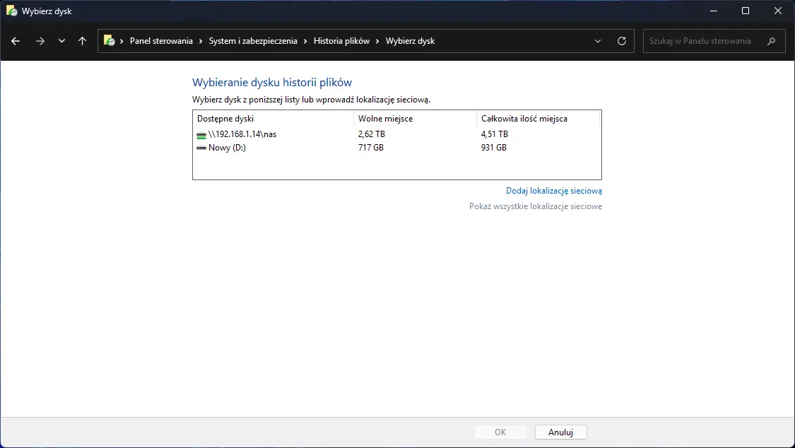 Wybór dysku do historii plików